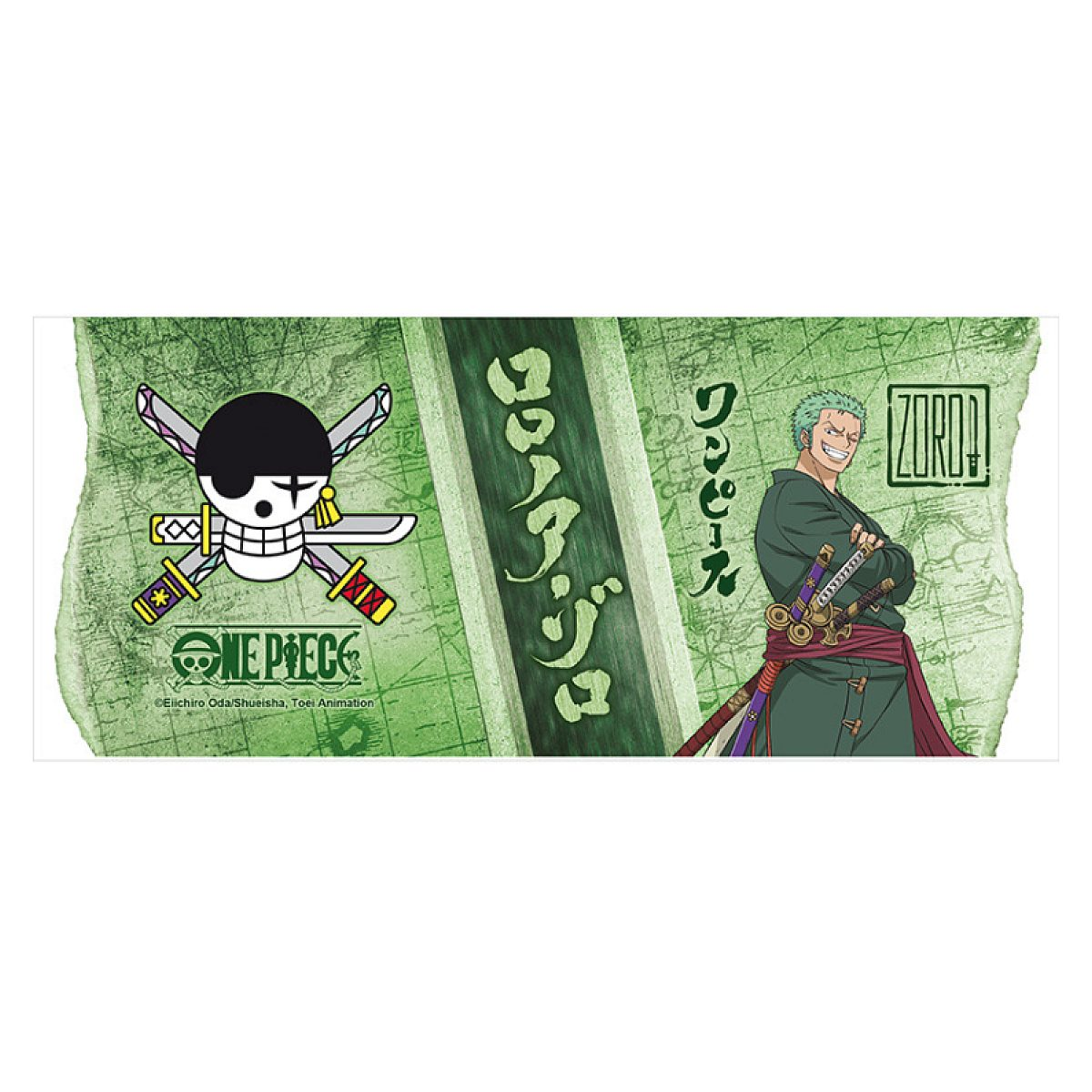 Roronoa Zoro di One Piece su sfondo verde con logo teschio.