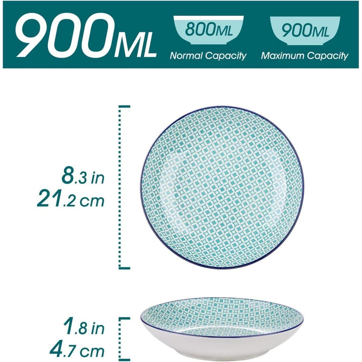 Disegno tecnico e viste di una ciotola in ceramica bianca e turchese con motivo geometrico, capacità 900 ml.