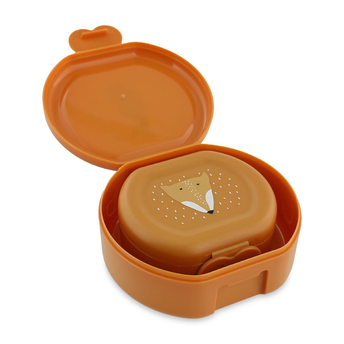 Un port pranzo arancione aperto con un inserto più piccolo raffigurante una simpatica volpe.