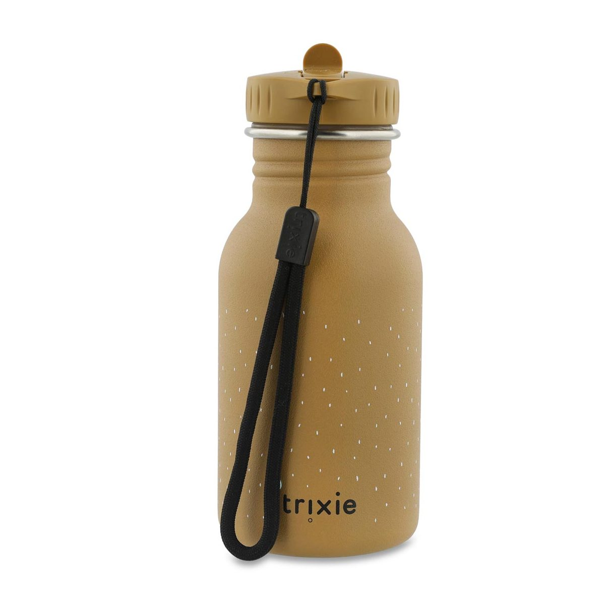 Una borraccia in acciaio inossidabile giallo senape con cordino nero, tappo beige e pois bianchi.