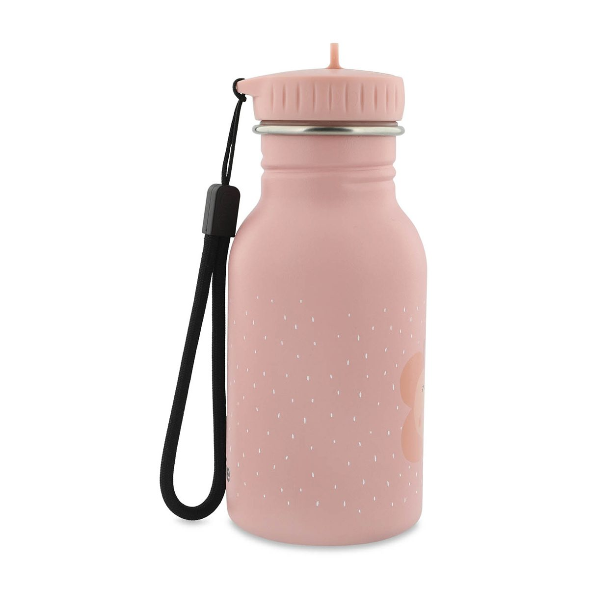 Borraccia rosa con pois bianchi, cinturino nero e tappo rosa su sfondo bianco.