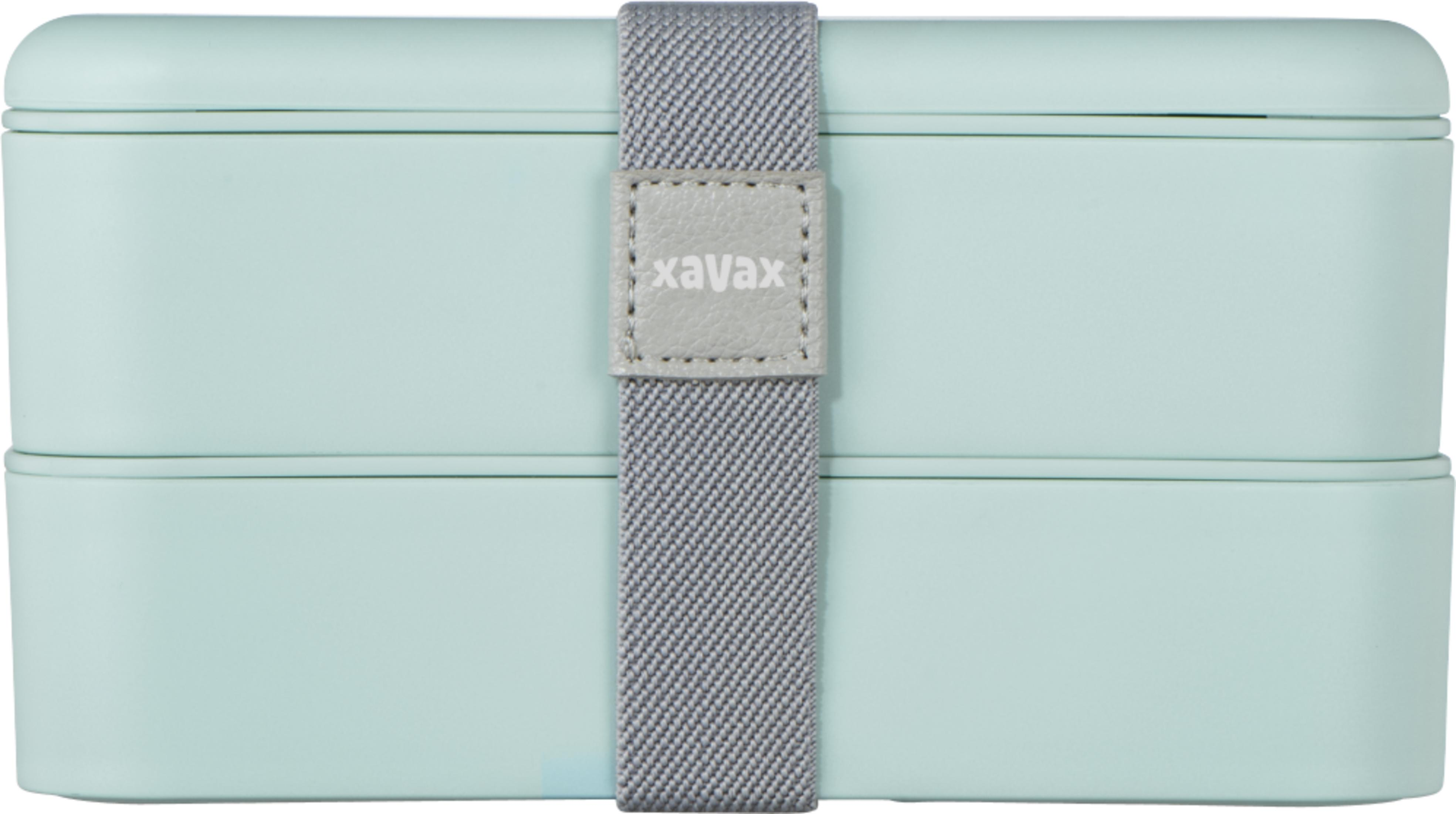 Un portapiatti bento azzurro chiaro con un cinturino elastico grigio e il logo del marchio xavax.