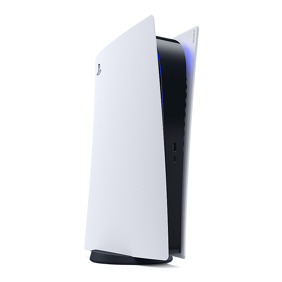 Eine weiße PlayStation 5 Konsole steht aufrecht auf einer weißen Oberfläche mit blauer Beleuchtung.