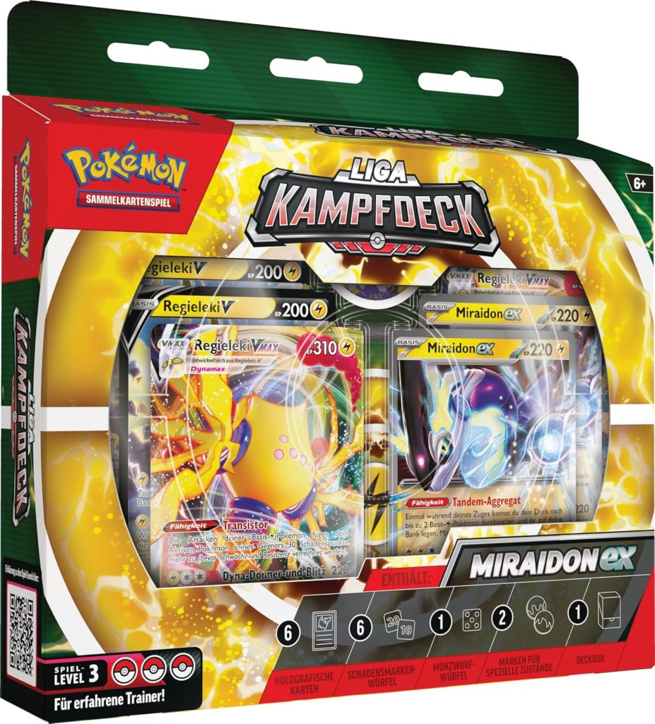 Pokémon Liga Kampfdeck Box mit Regieleki und Miraidon Karten auf gelbem Hintergrund.