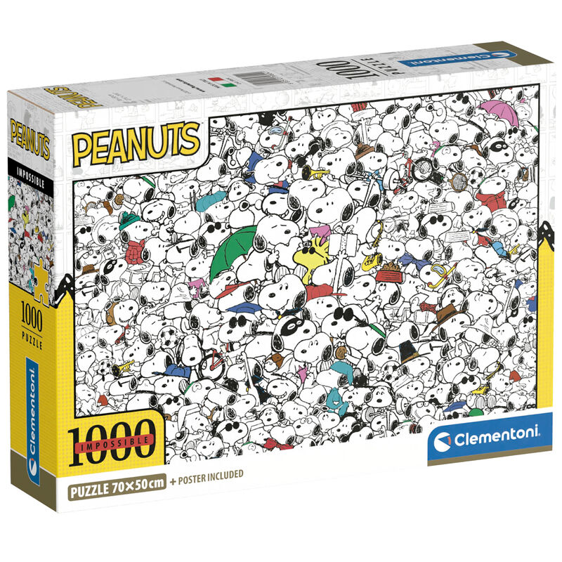 Ein Clementoni-Puzzleschachtel mit vielen Illustrationen der Snoopy-Figur aus Peanuts auf weißem Hintergrund.