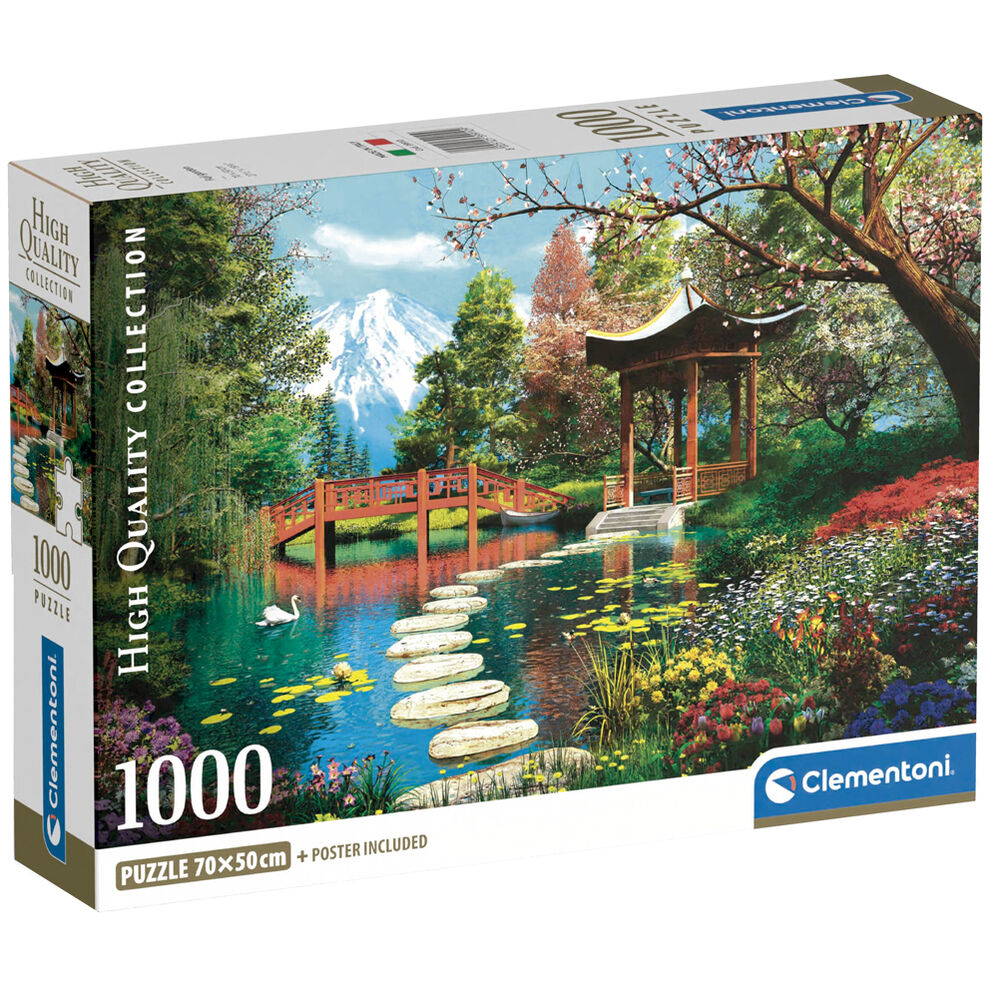1000-teiliges Clementoni-Puzzle mit japanischem Garten, Brücke, Pagode, Teich und schneebedecktem Berg im Hintergrund.