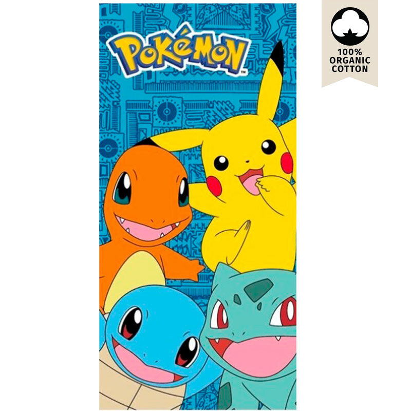 Toalla azul de Pokemon con Pikachu, Charmander, Squirtle y Bulbasaur, y etiqueta de algodón 100% orgánico.