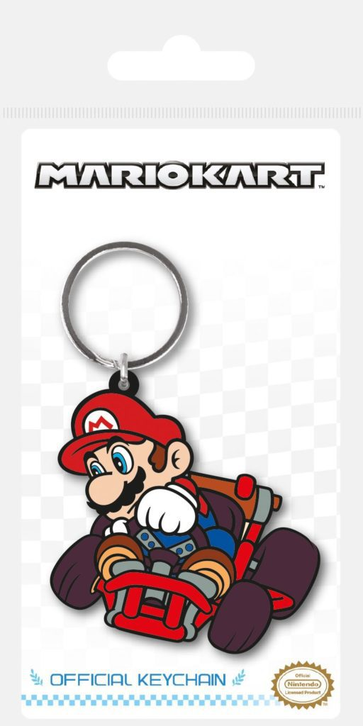 Mario Kart Gummischlüsselanhänger auf weißer Verpackungskarte mit Mario in einem roten Kart.