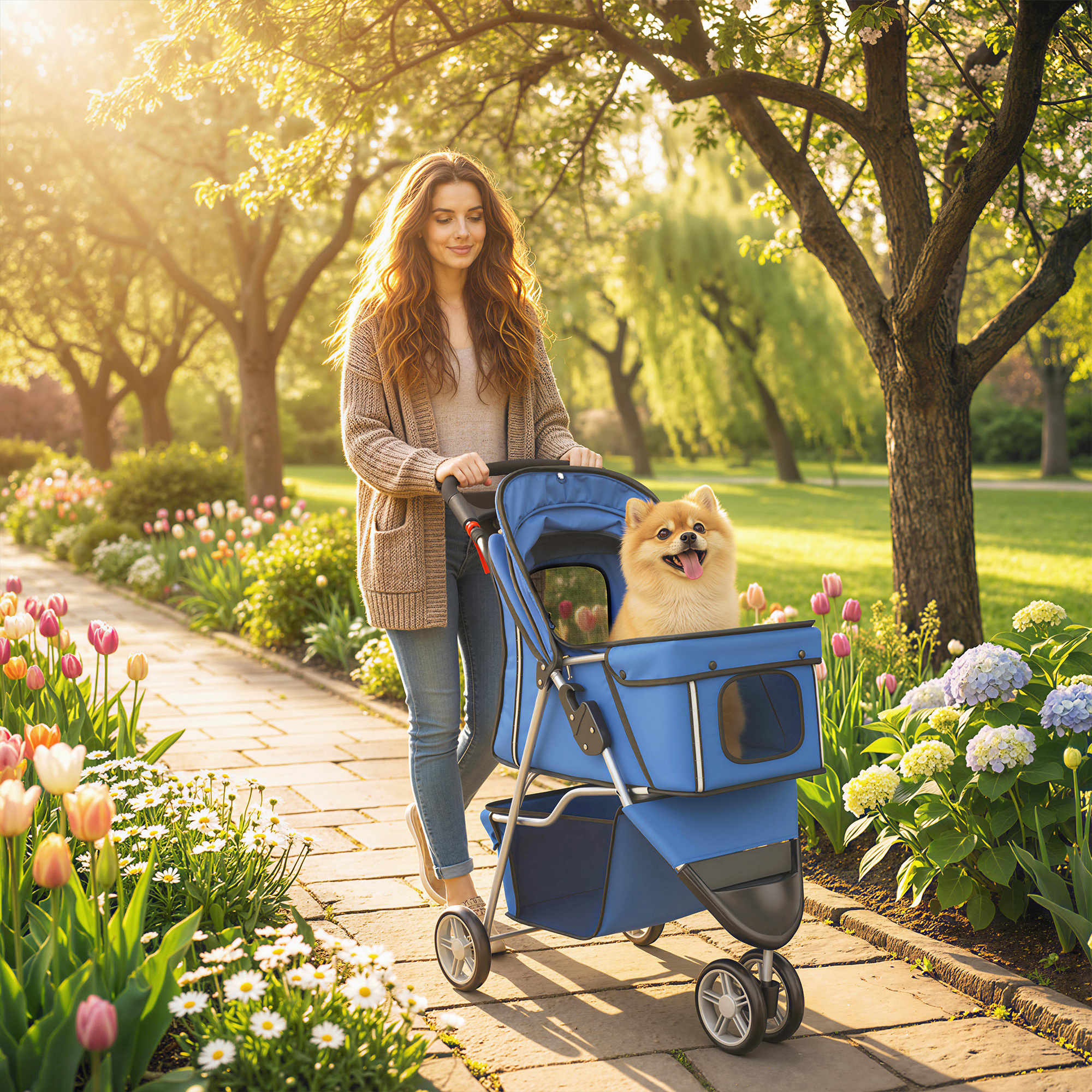Una donna in un parco spinge un passeggino blu con un felice cane pomerania.