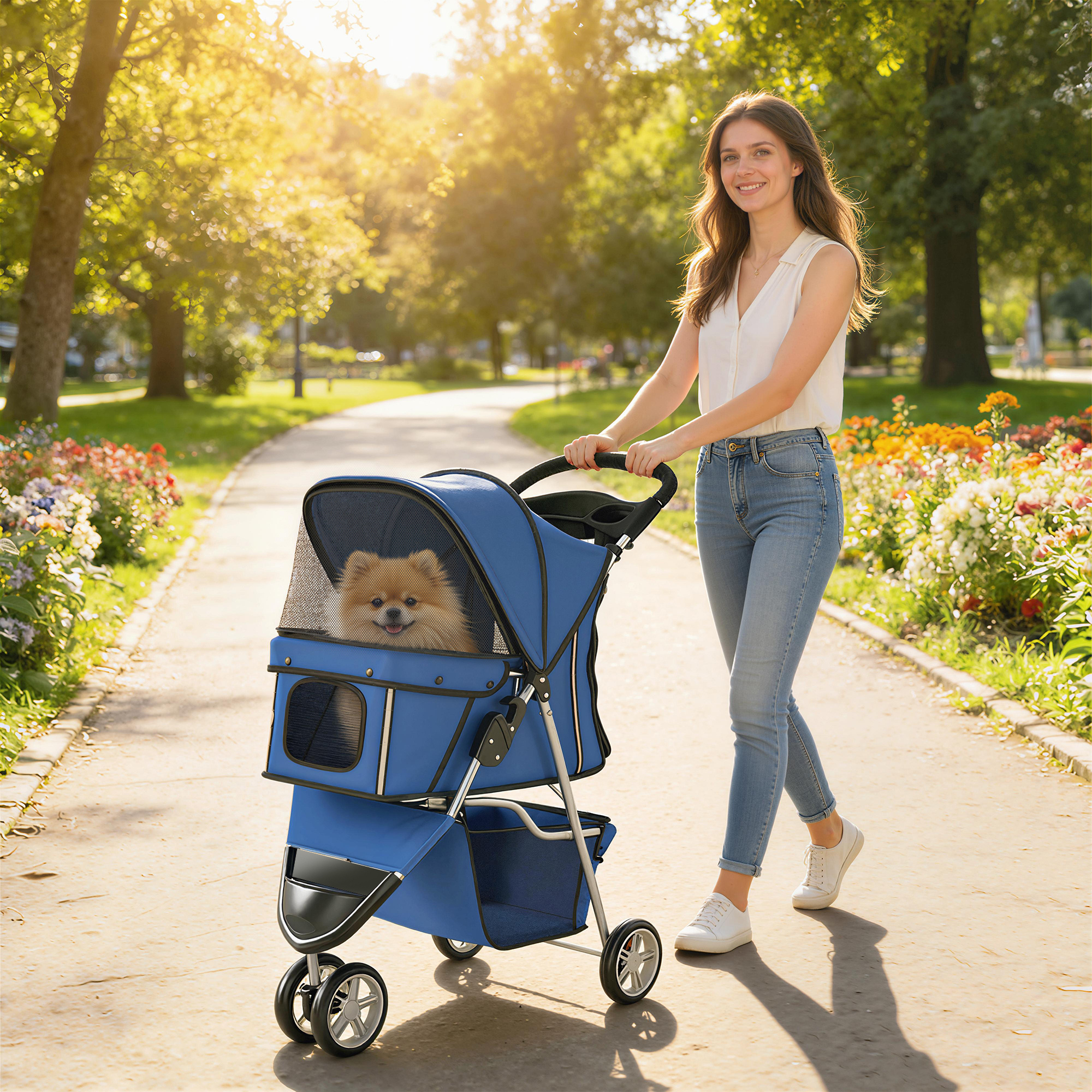 Una donna in un parco spinge un passeggino blu con un cane piccolo.