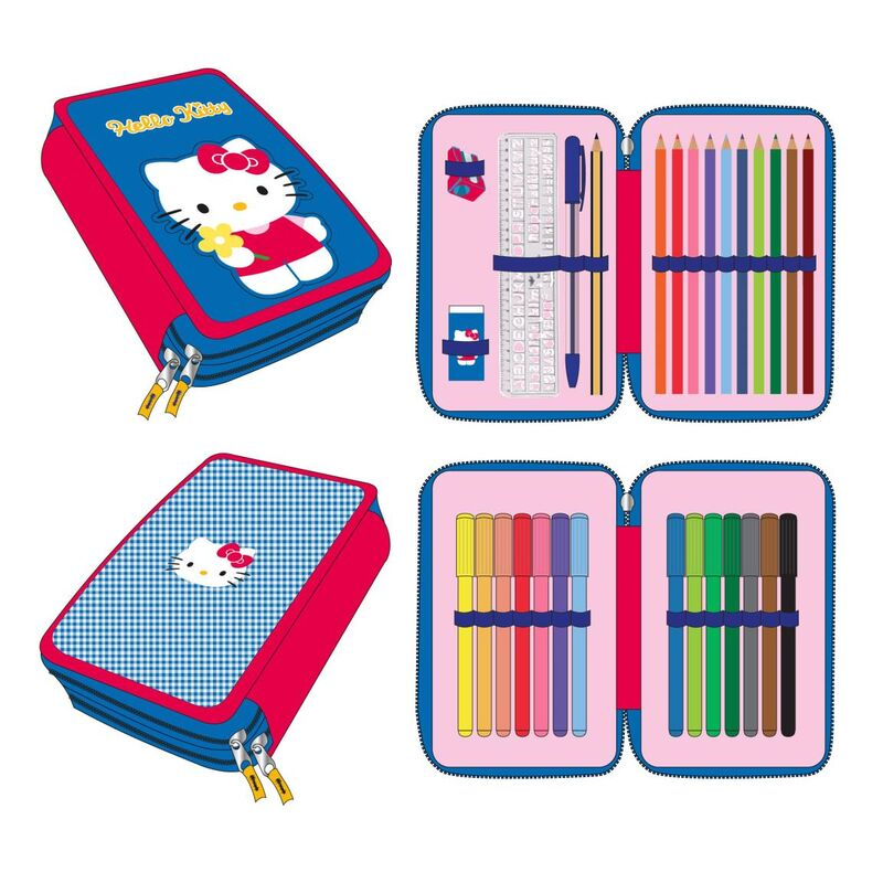 Hello Kitty Federmäppchen mit zwei Fächern und komplett gefüllt mit Stiften, Lineal und Zubehör.
