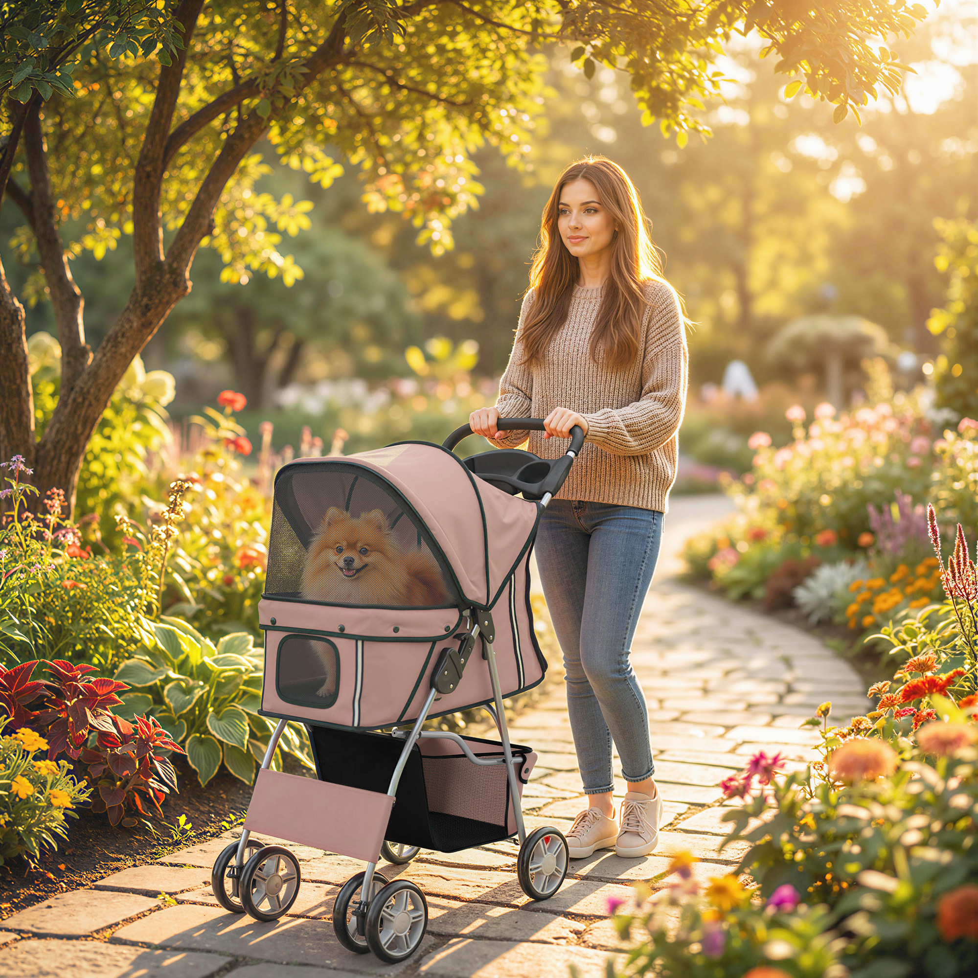 Una donna con un maglione spinge un passeggino rosa per animali con un cane dentro lungo un sentiero soleggiato.