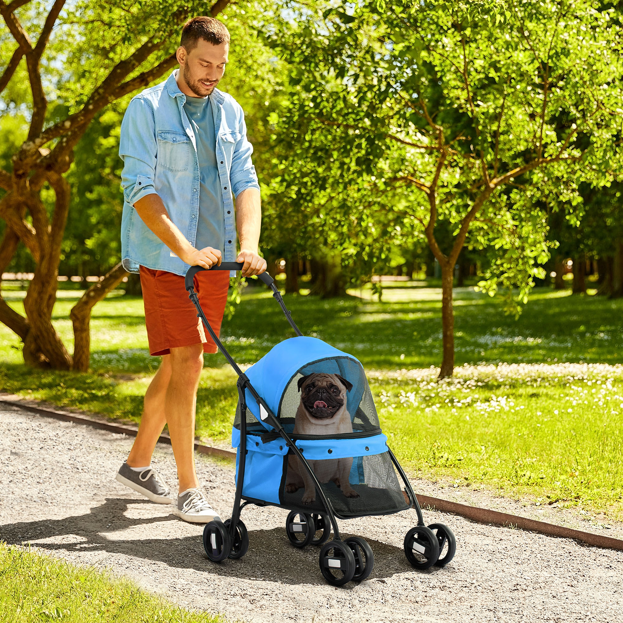 Un uomo spinge un passeggino blu per cani con un carlino dentro in un parco.