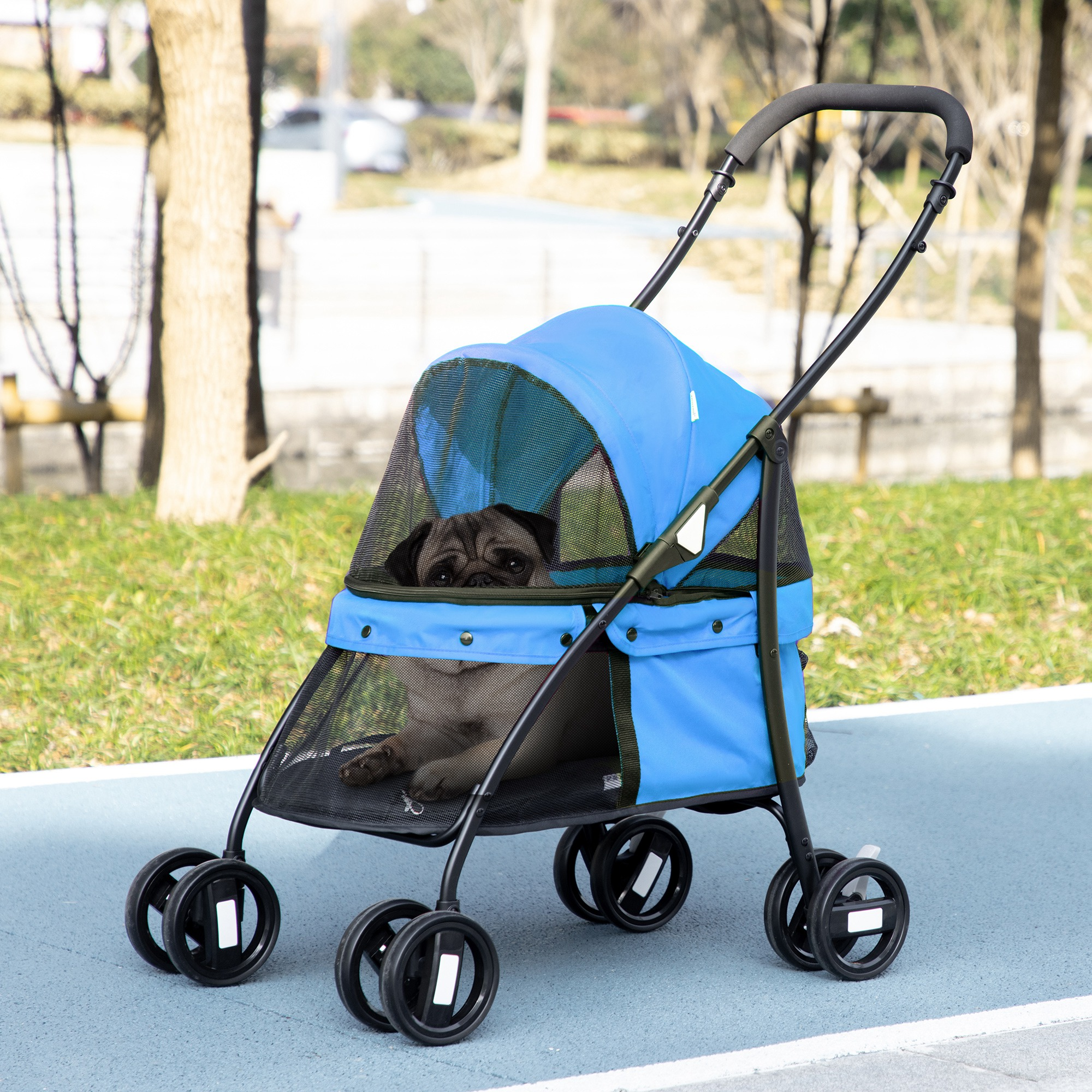 Un carlino siede all'interno di un passeggino blu e nero per animali su un sentiero pavimentato.