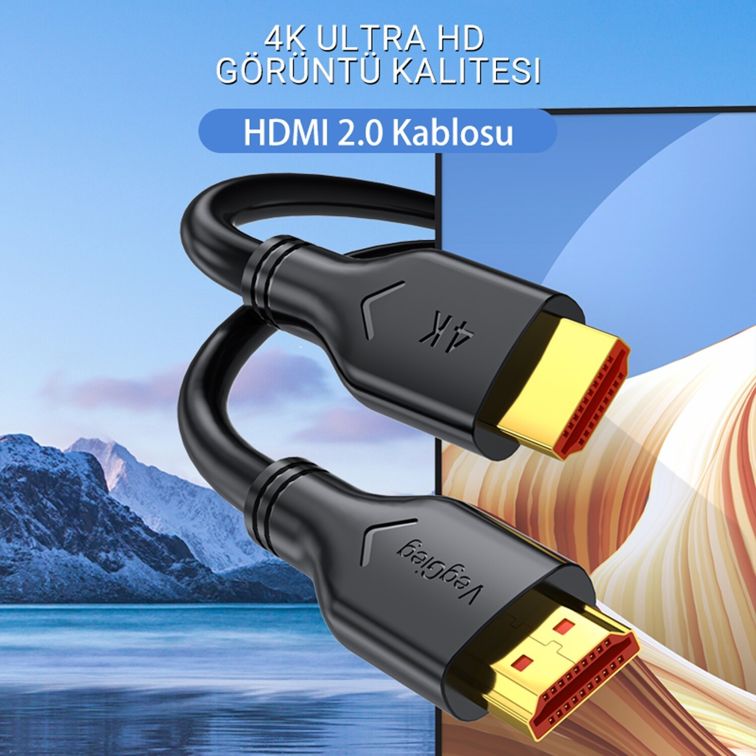 Dağ ve ekran arka planına sahip, altın uçlu iki siyah HDMI 2.0 kablosu.