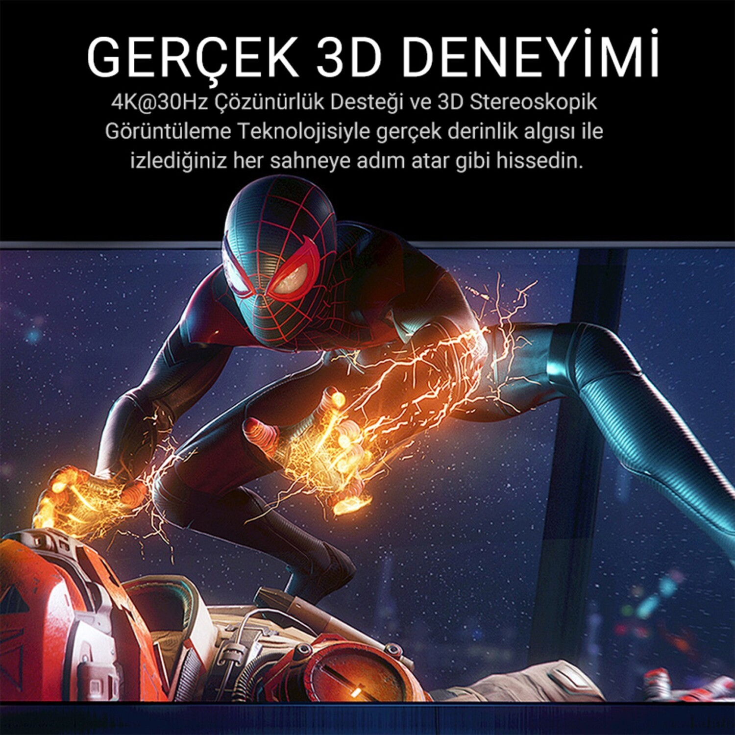 Siyah kırmızı kıyafetli ve elleri elektrikli Örümcek Adam gece gökyüzünde düşmüş bir düşmanın üzerinde çömeliyor.