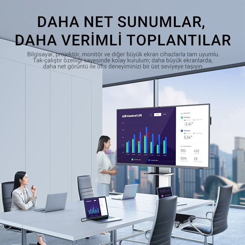 Geniş ekranlı, dizüstü bilgisayarlı ve sunum yapan iki kadınlı modern toplantı odası.