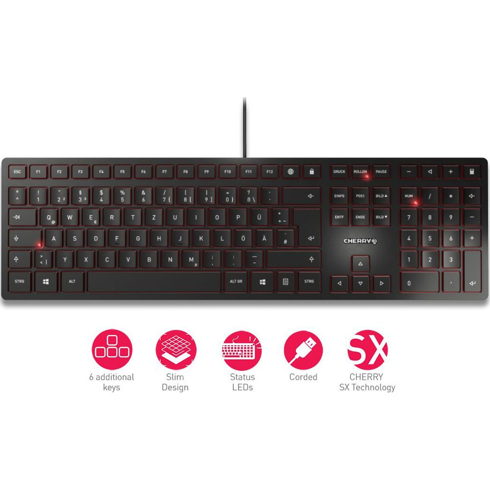 Eine schwarze Cherry-Tastatur mit deutschem Layout, Status-LEDs und fünf Funktionssymbolen unten.