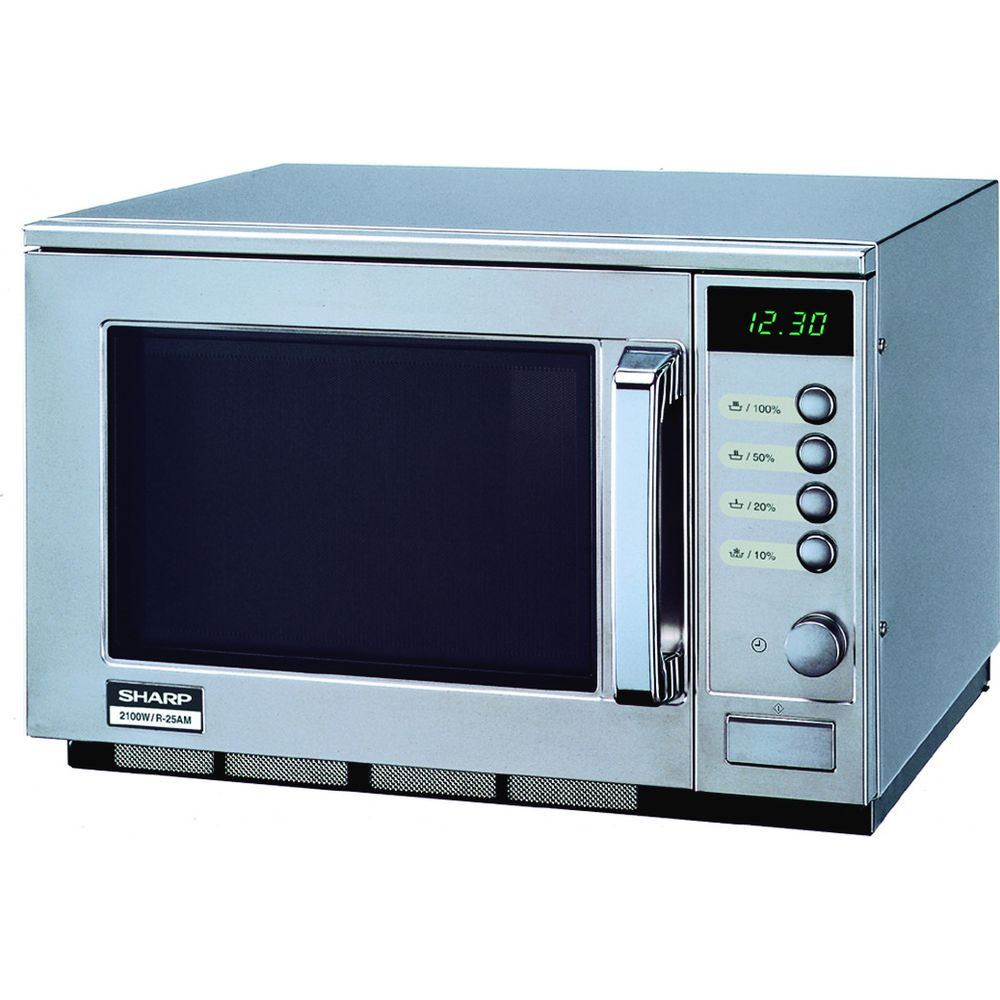 Edelstahl Mikrowelle von Sharp mit digitaler Anzeige und Bedienfeld.