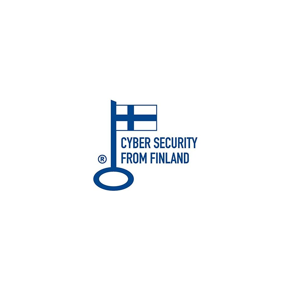 Un logo blu e bianco che mostra un'asta a forma di chiave con il testo CYBER SECURITY FROM FINLAND.