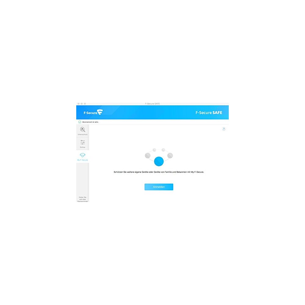 Interfaccia utente F-Secure SAFE in blu e bianco con pulsante di accesso.