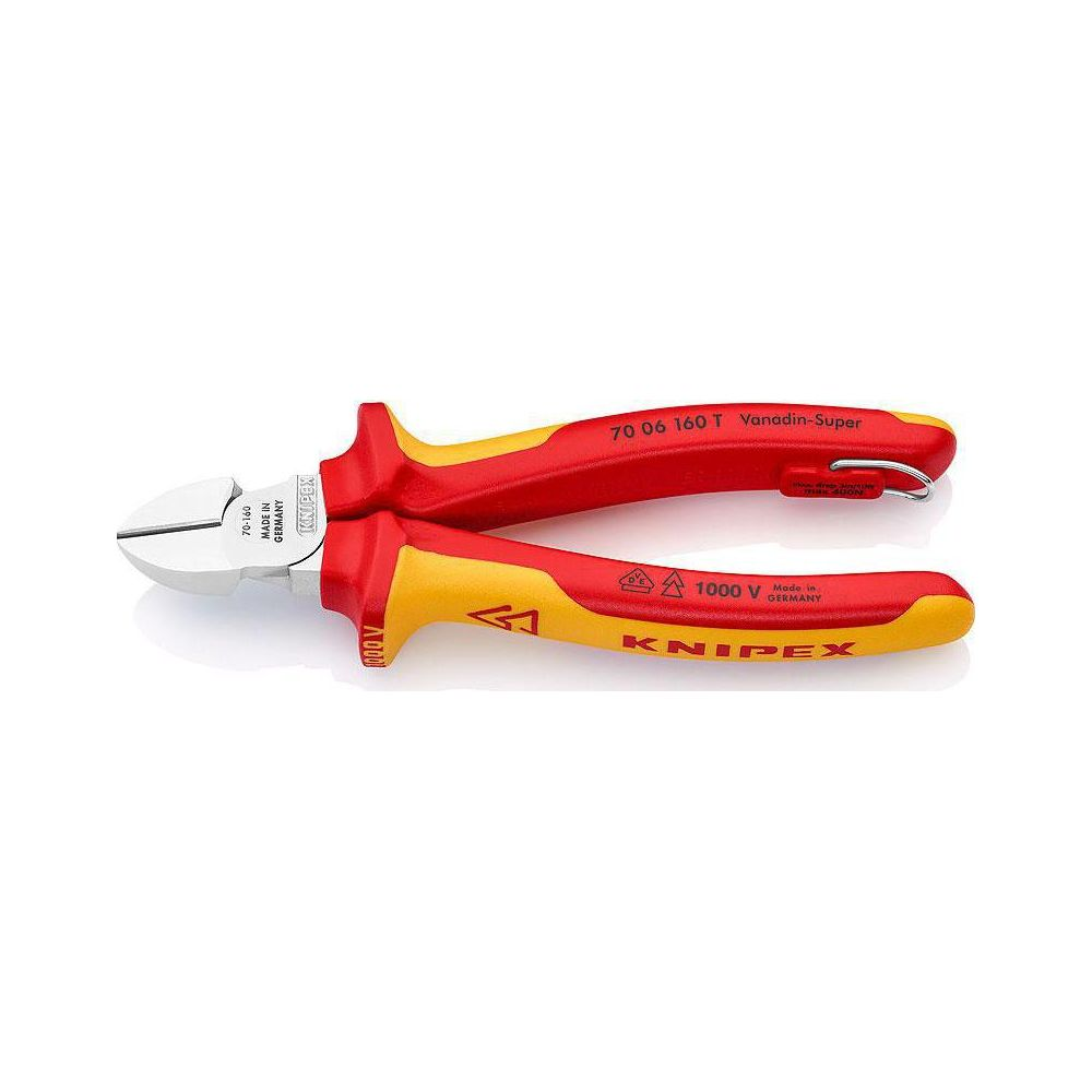 Alicates de corte diagonal Knipex aislados con mangos rojos y amarillos.