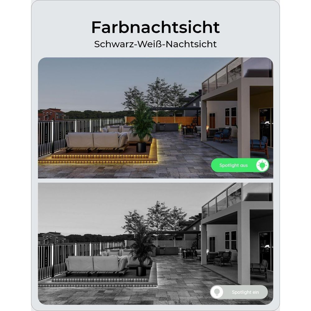 Vergleich von Farb- und Schwarz-Weiß-Nachtsicht einer beleuchteten Terrasse.