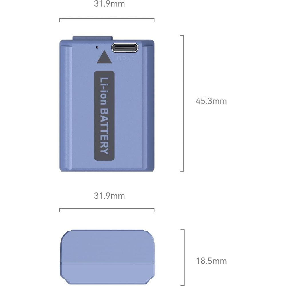 Diagramm einer blauen Li-Ion-Batterie mit Maßen von 31,9 mm Breite und 45,3 mm beziehungsweise 18,5 mm Höhe.