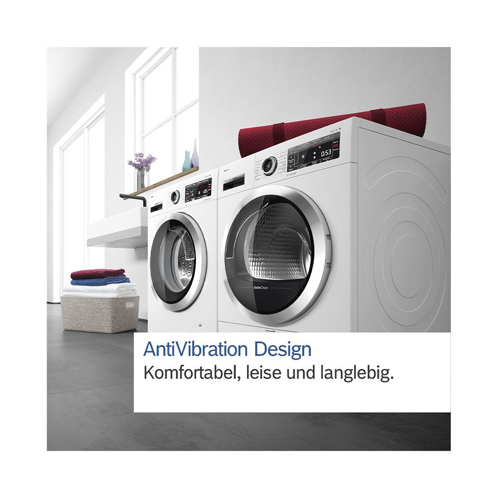 Zwei weiße Waschmaschinen in einem hellen Raum mit Texttext im Bild unten.