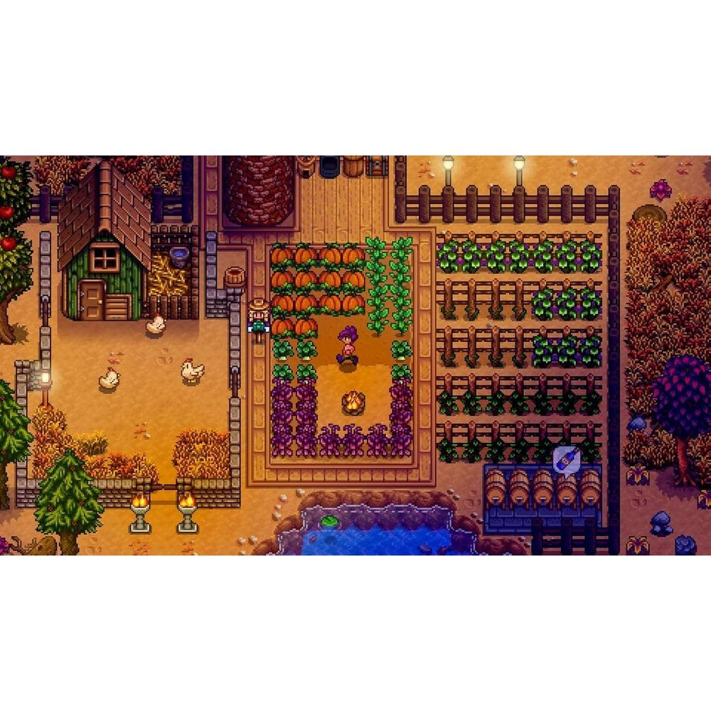 Ferme en pixel art de nuit avec des citrouilles, des poulets, des cultures et un feu de camp.