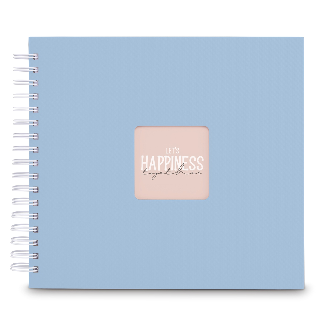 Jasnoniebieski notes w spirale z różowym okienkiem pośrodku i białym napisem "Let's happiness together".