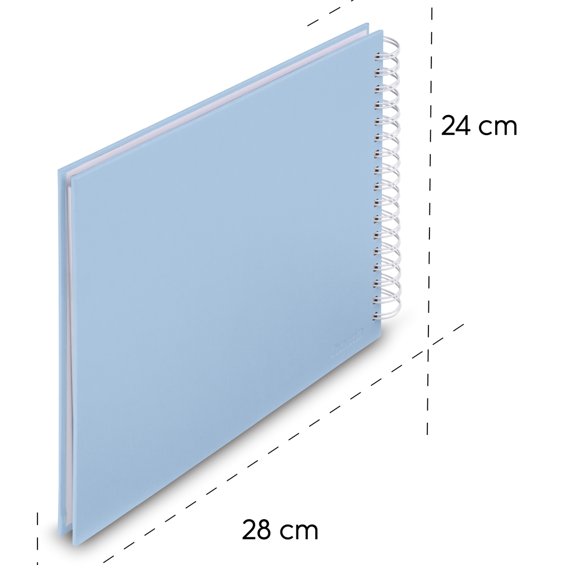 Jasnoniebieski notes w kratkę o wysokości 24 cm i szerokości 28 cm na białym tle.