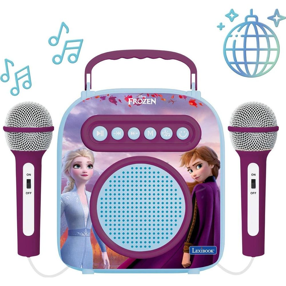 Máquina de karaoke de Frozen con dos micrófonos morados y altavoz azul sobre fondo blanco.
