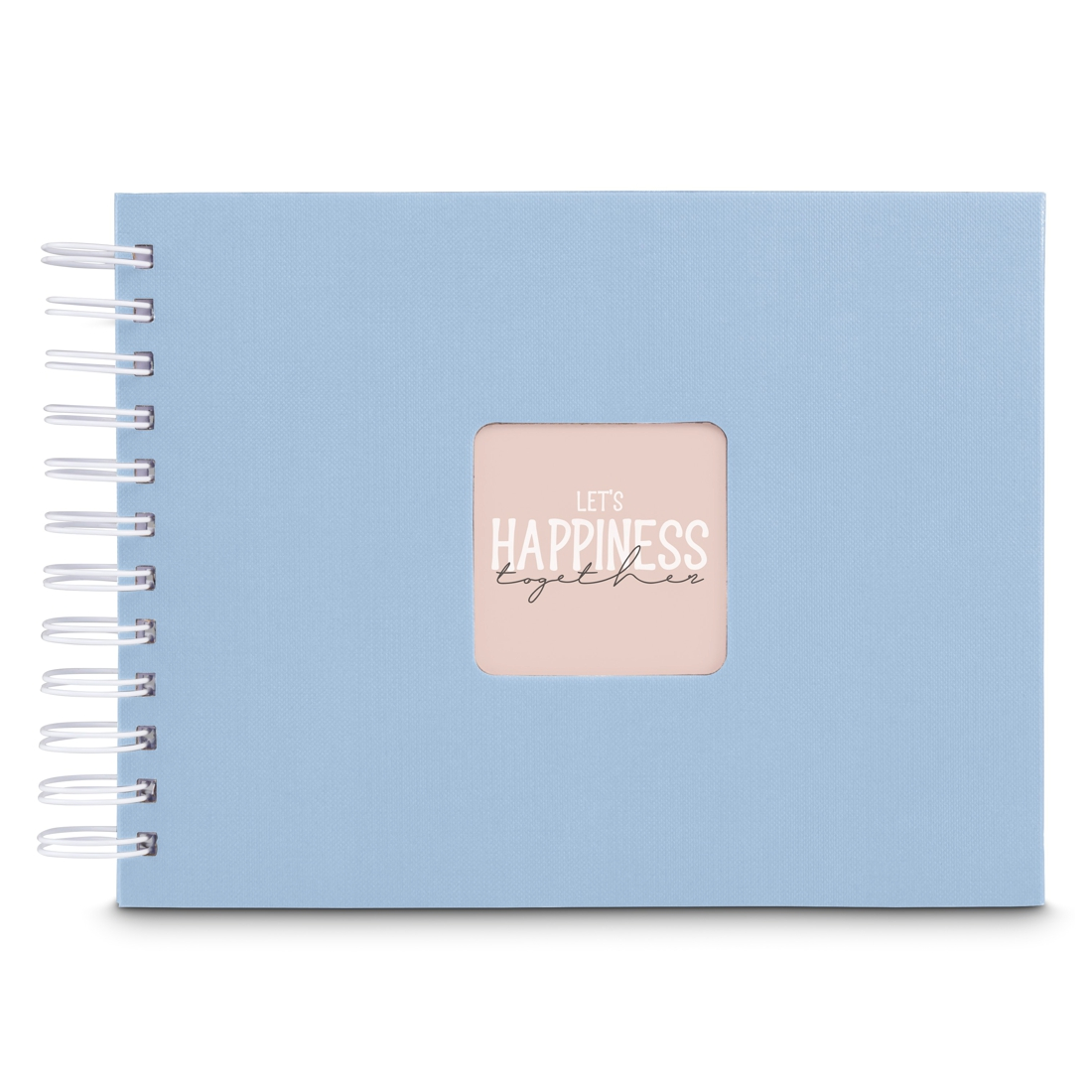 Jasnoniebieski notes w spirali z różowym okienkiem z napisem "LET'S HAPPINESS together".