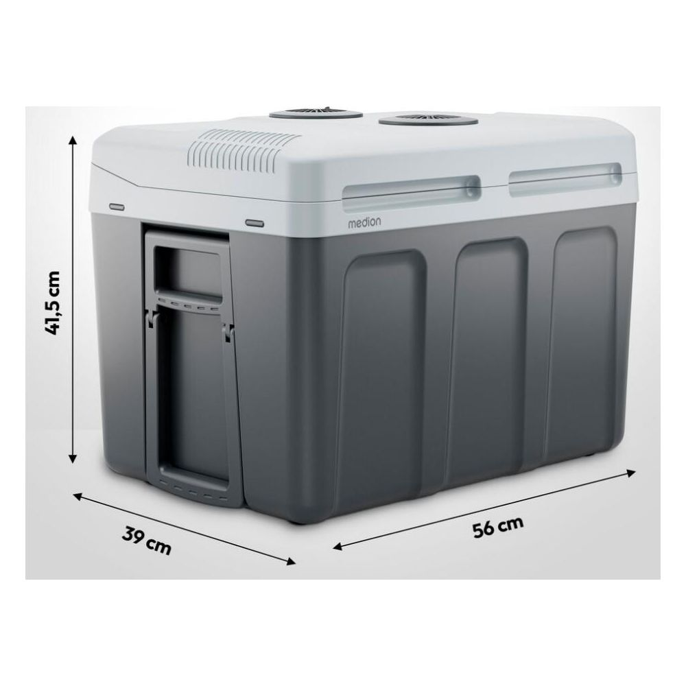 Grau-weiße elektrische Kühlbox mit Maßen 41,5 cm Höhe, 39 cm Breite und 56 cm Tiefe vor hellem Hintergrund.