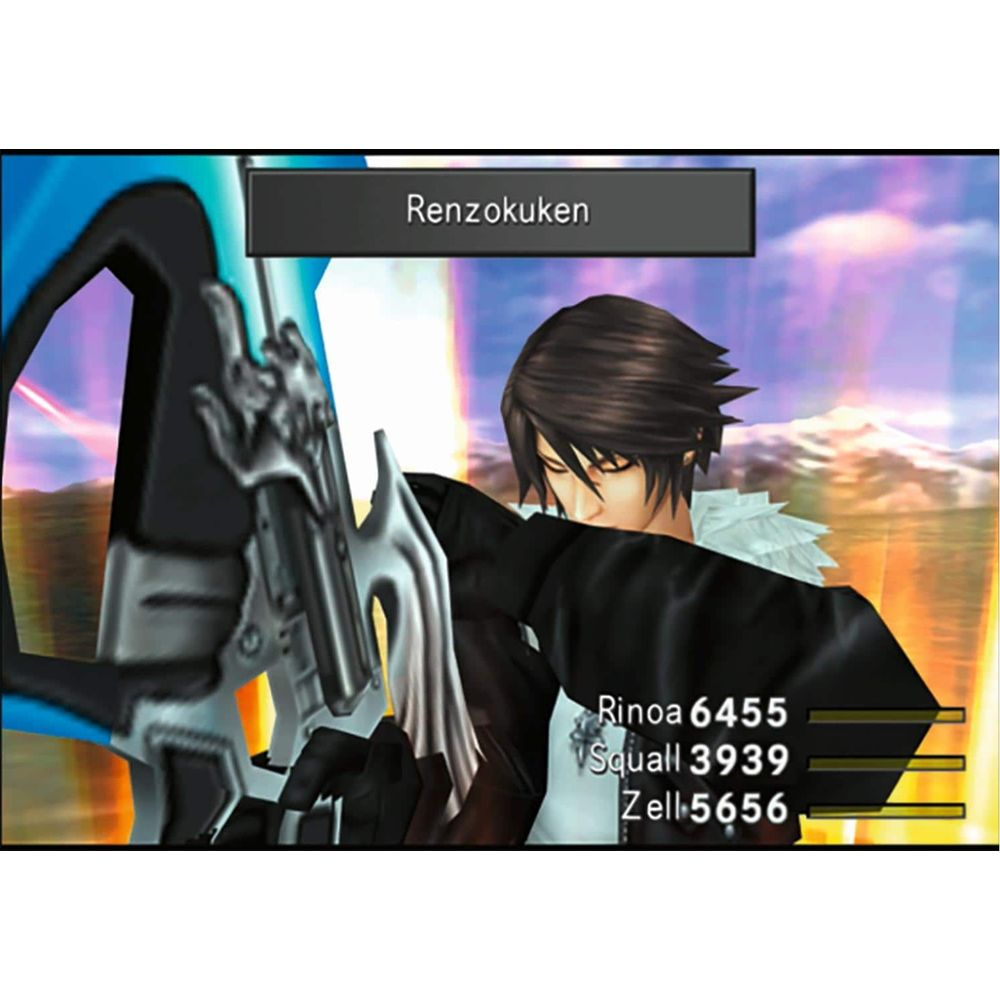 Squall de Final Fantasy VIII usa su ataque Renzokuken con una espada pistola.