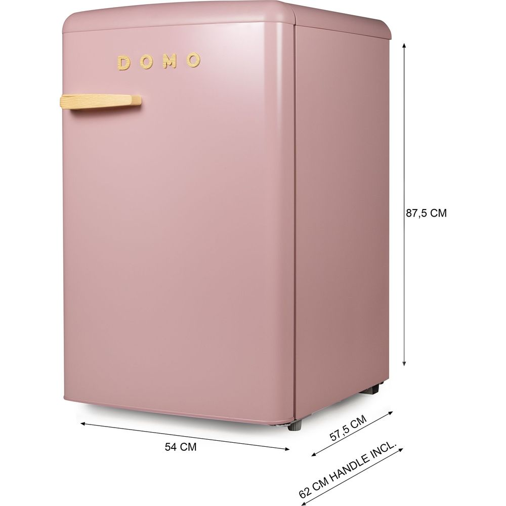 Réfrigérateur rétro rose de marque Domo avec dimensions et poignée en bois sur fond blanc.