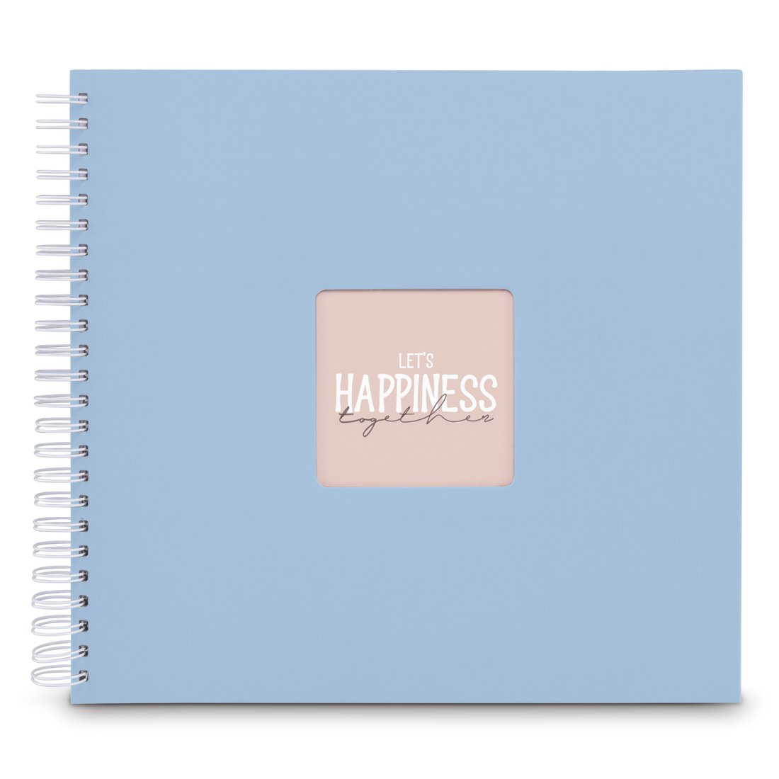 Jasnoniebieski album fotograficzny w spiralnej oprawie z różowym kwadratowym okienkiem na okładce i napisem „Let's happiness together”.