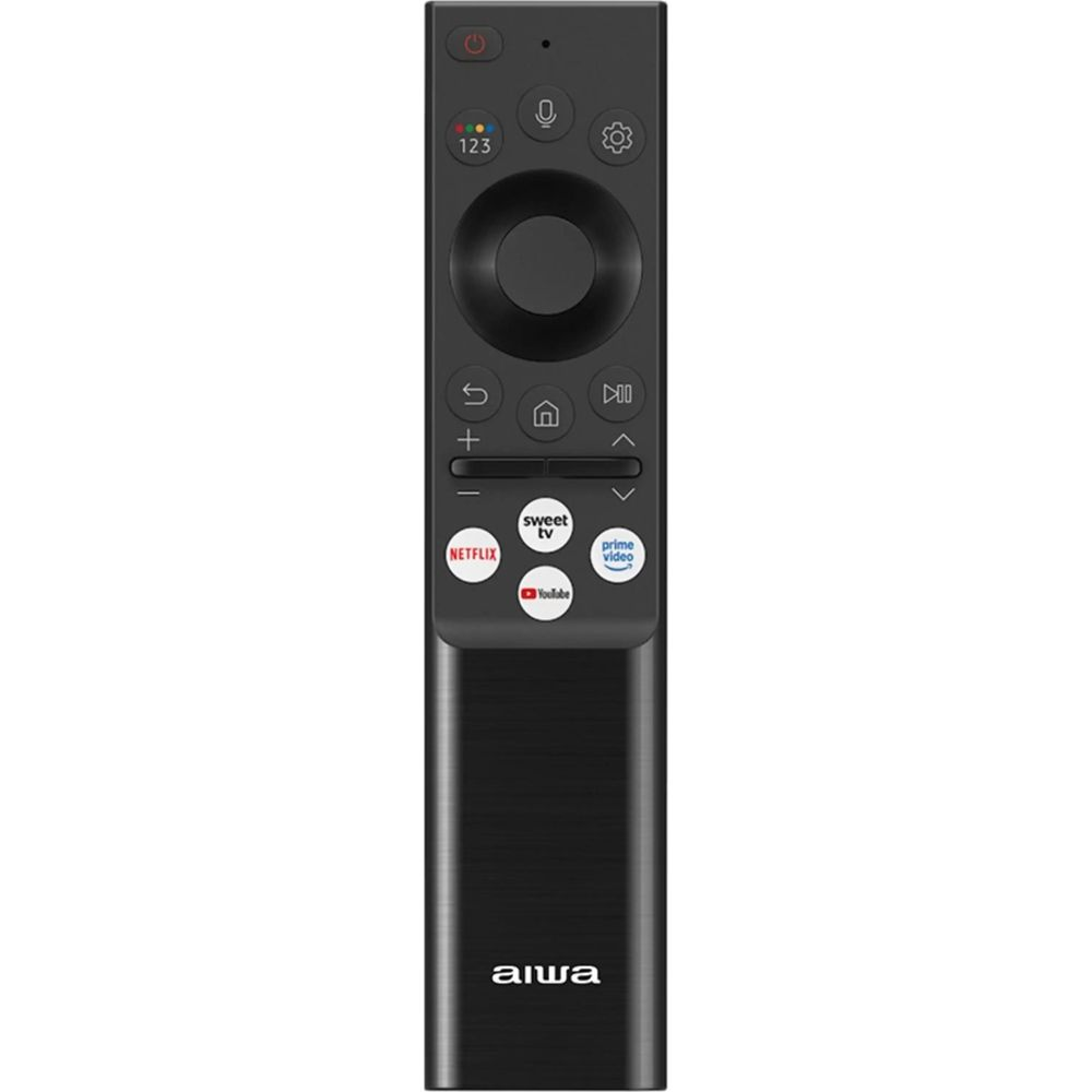 Télécommande de TV Aiwa noire avec boutons de navigation et de streaming sur fond gris.