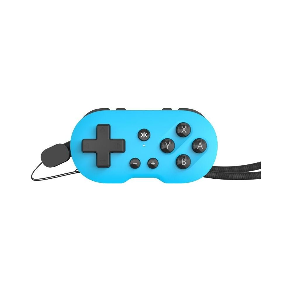Blauer kleiner Gamecontroller mit schwarzem D-Pad, Tasten X, Y, A, B und einer Handschlaufe.