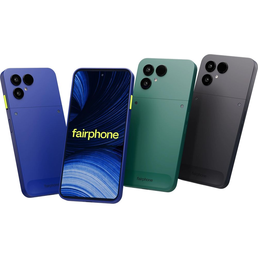Quattro smartphone Fairphone blu, verde e grigio allineati.