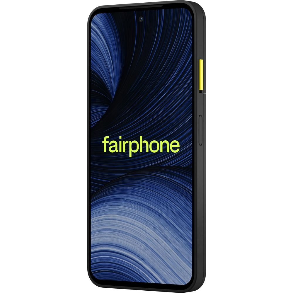 Un Fairphone nero con sfondo a onde blu e pulsanti gialli.