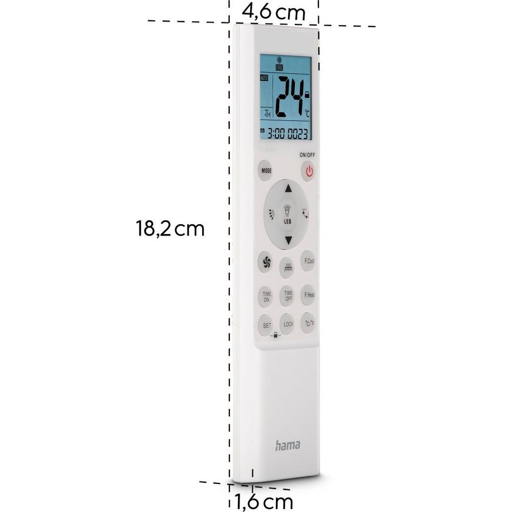Telecomando bianco Hama per condizionatore con dimensioni 18,2 x 4,6 x 1,6 cm e display LCD.