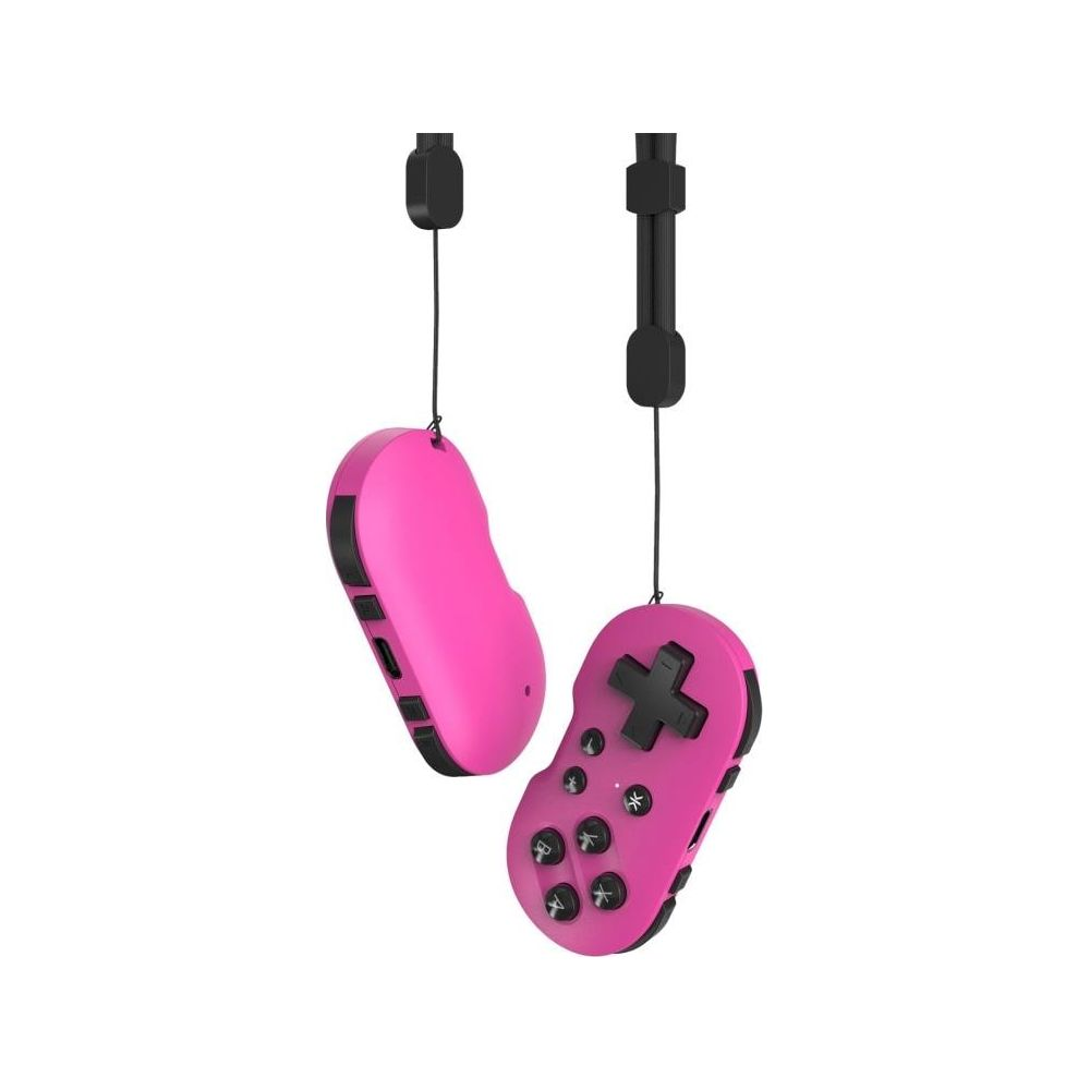 Zwei rosa kabellose VR-Controller mit schwarzen Tasten und Schlaufen vor weißem Hintergrund.