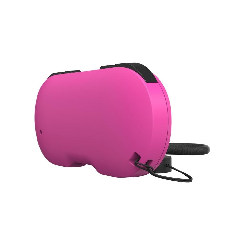 Ein pinkes VR-Headset mit einem schwarzen Band auf weißem Hintergrund.