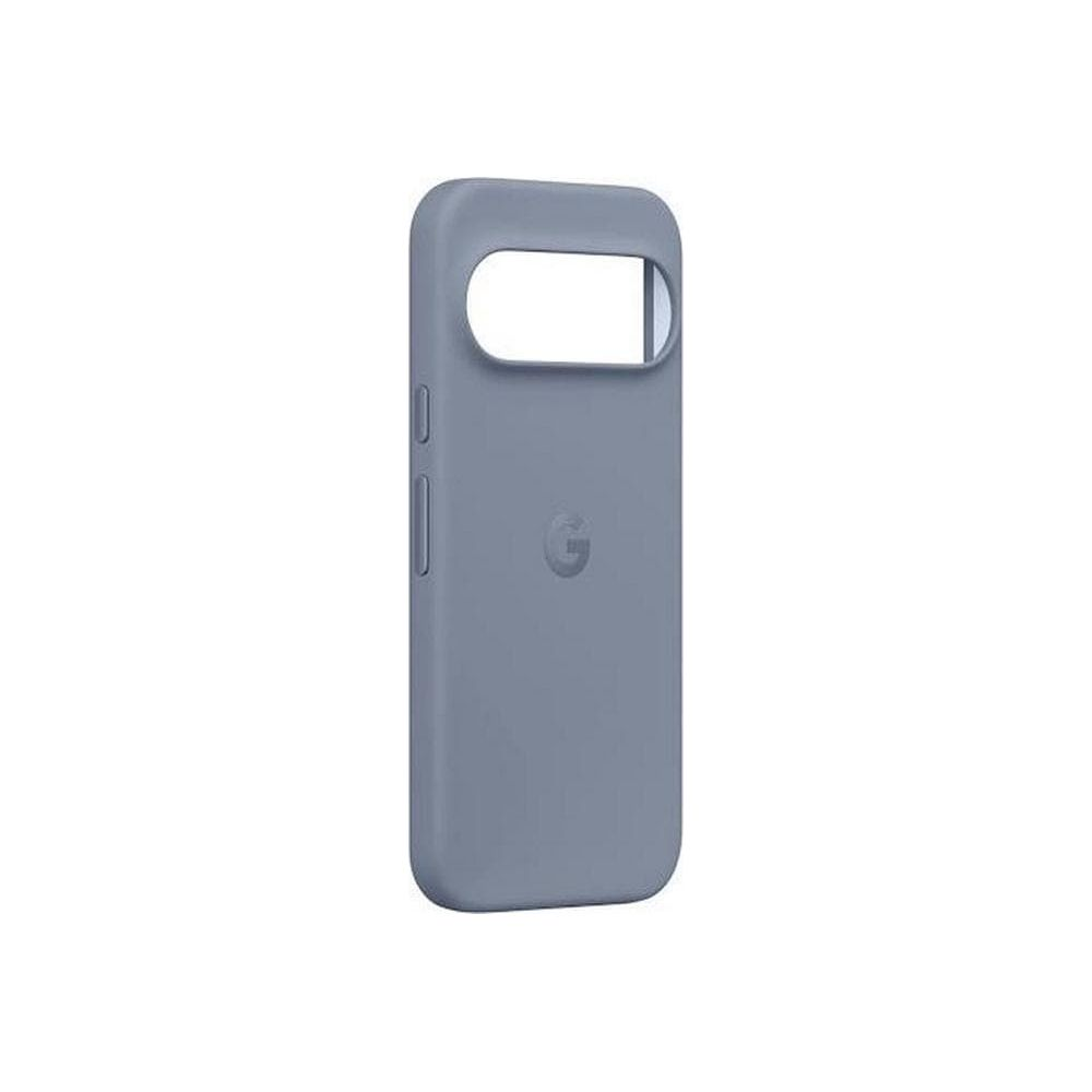Una funda de smartphone gris con recorte para cámara y logo de Google.