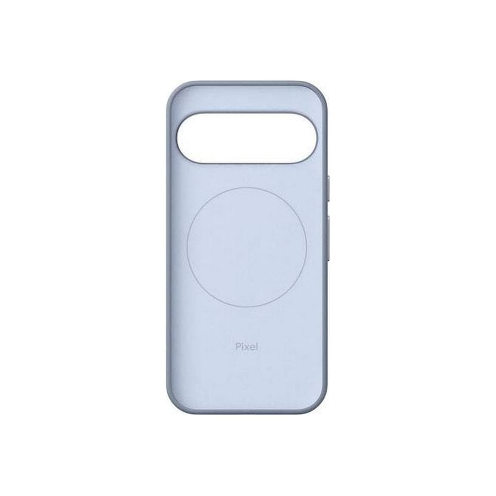 Una funda de móvil Pixel azul claro sobre fondo blanco con diseño circular.