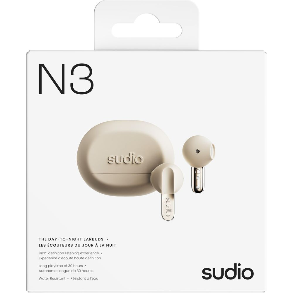 Weiße Produktbox für Sudio N3 beige kabellose Ohrhörer mit Ladecase und zwei Ohrhörern auf der Vorderseite.