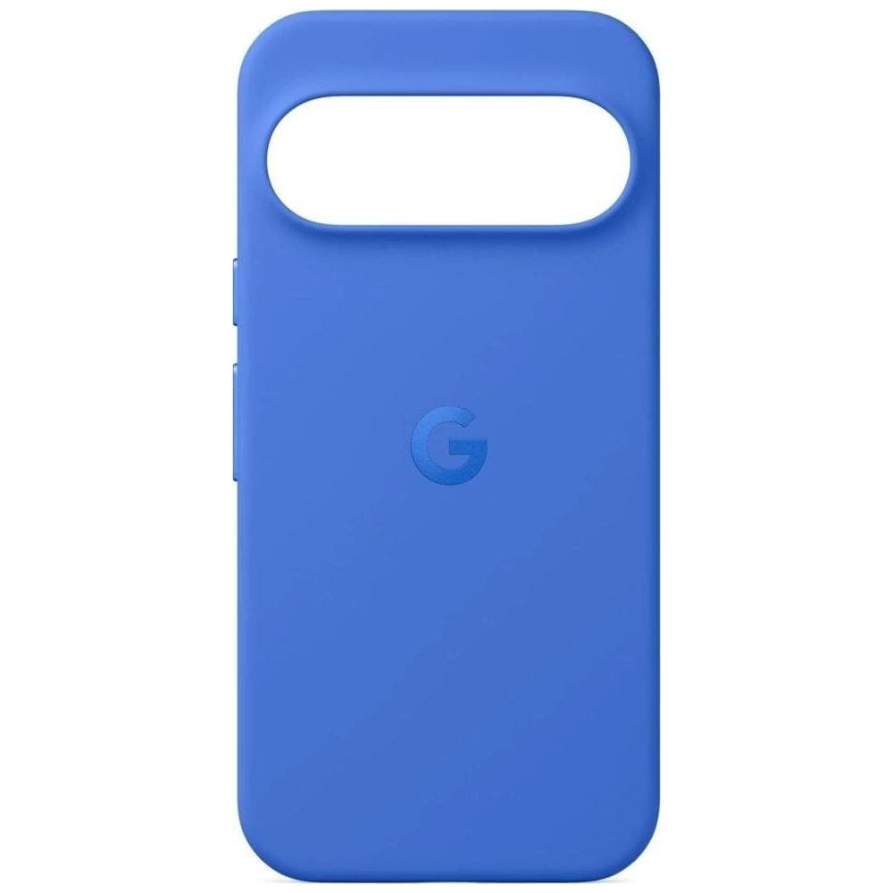 Blaue Smartphone-Hülle mit dem Google G-Logo auf der Rückseite und einer länglichen Kameraaussparung oben.