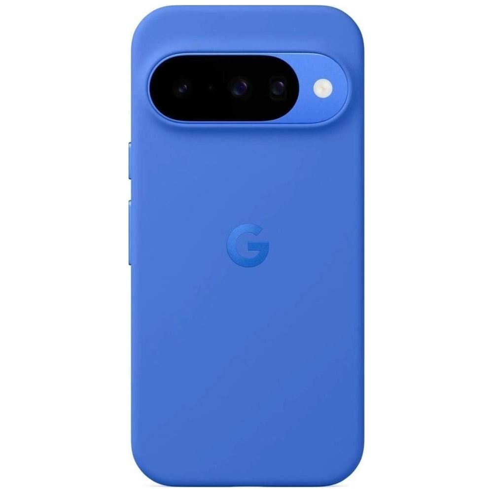 Blaue Smartphone-Rückseite mit horizontalem Kameramodul und Google-Logo.